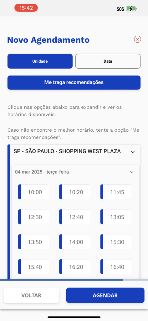 Interface of the Espacolaser app for scheduling a new appointment showing available time slots for a clinic in Sao Paulo