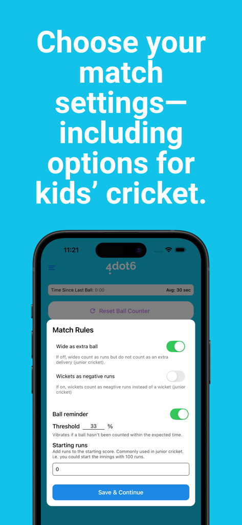 Cricket Umpire Ball Counter - A screenshot of the Cricket Umpire Ball Counter app showing match rules settings including options for junior cricket and a ball reminder vibration threshold.