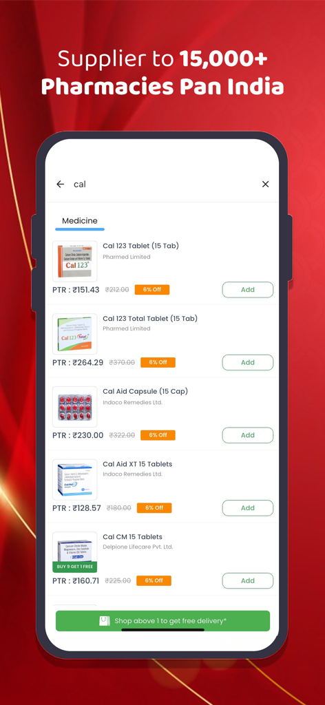 RetailerShakti app interface showing a list of wholesale medicines with prices and discounts for pharmacies