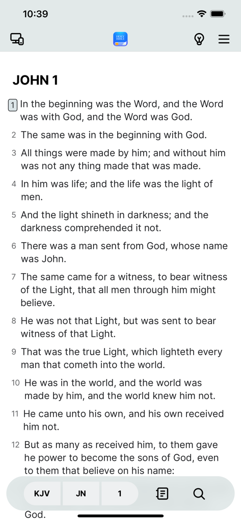 Digital Bible - Digital Bible app interface displaying the King James Version of John chapter 1