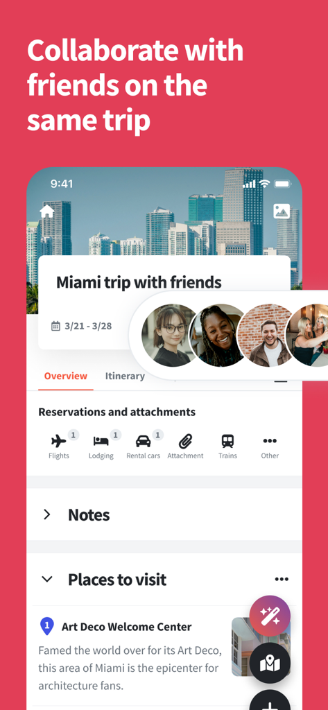Wanderlog - Travel Planner - Interfaccia dell'app Wanderlog che mostra un itinerario di viaggio di gruppo collaborativo per Miami con le foto profilo degli amici.