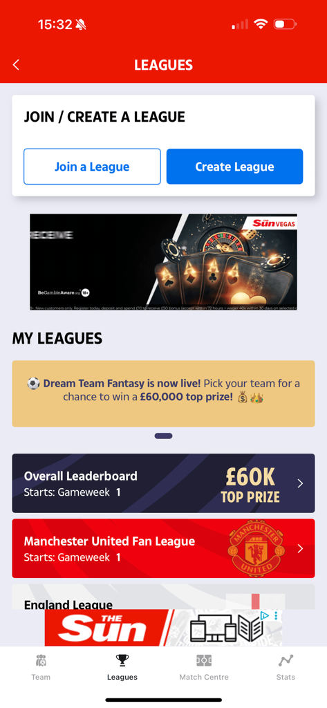 The Sun Dream Team - The Leagues management screen in The Sun Dream Team app featuring options to join or create a fantasy football league.