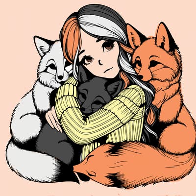 realistic, looking girl hugging, foxes