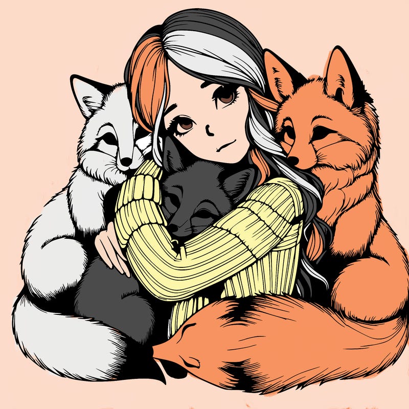 realistic, looking girl hugging, foxes