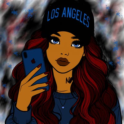 realistic beautiful girl wearing los ángeles cap holding an iphone