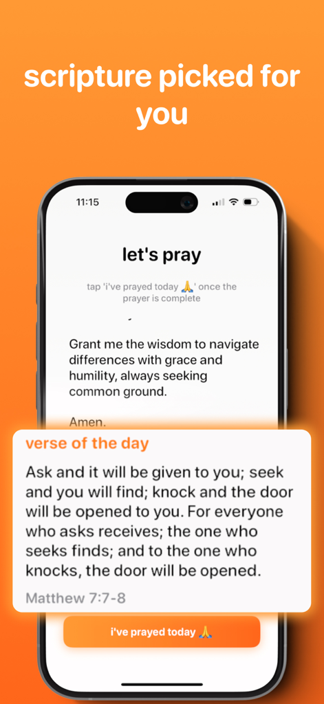 A mobile interface of the prayer lock app showing a Bible verse from Matthew and a daily prayer prompt.