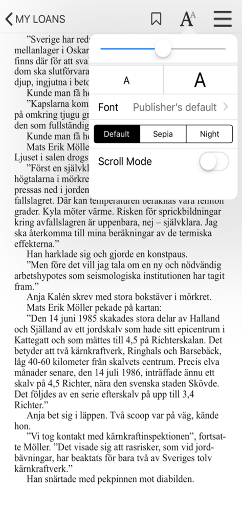 Biblio Library app e-book reader showing customization menu for font size font type and background themes