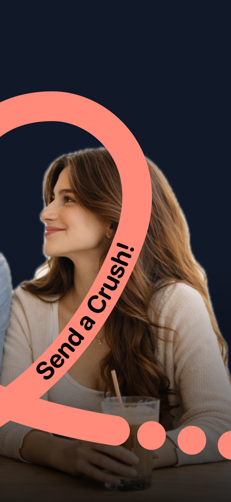 Crush Signals - A smiling young woman in a cafe with a Send a Crush app overlay