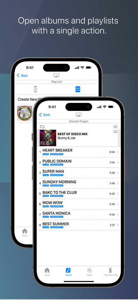 NePLAYER app interface displaying a high resolution music tracklist with FLAC technical specifications