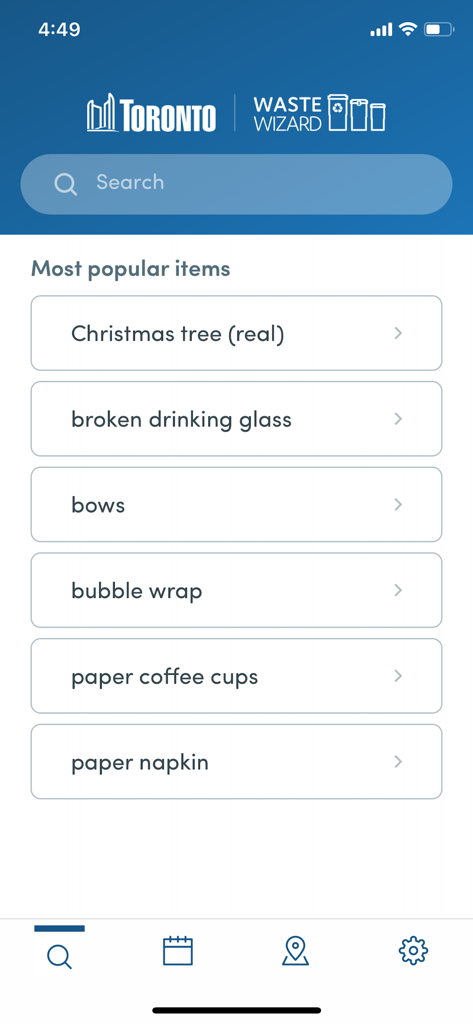 TOwaste – City of Toronto - Waste Wizard search screen in the TOwaste app listing popular disposal items