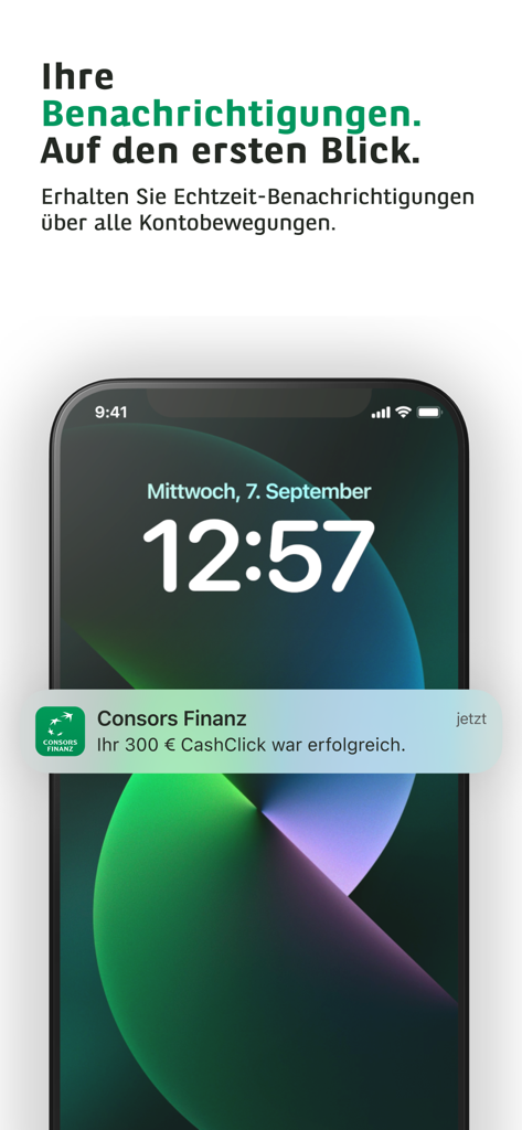 Notificação push da aplicação Consors Finanz no ecrã de bloqueio de um smartphone mostrando uma transação bem-sucedida.