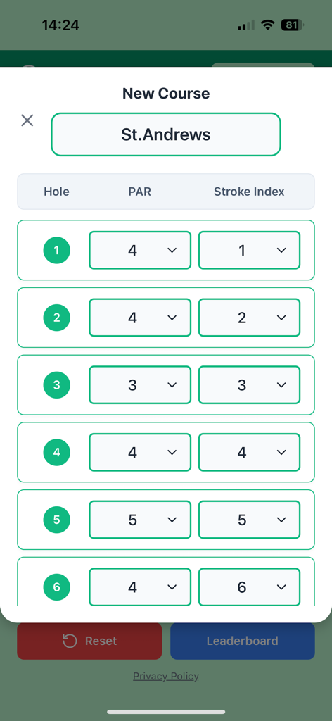 New course setup screen in the Shots2Points app showing hole par and stroke index configuration for St. Andrews