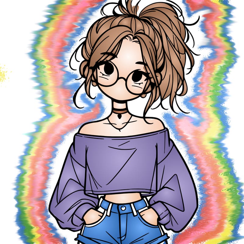 girl with a messy ponytail glasses a baggy crop top and jean shorts