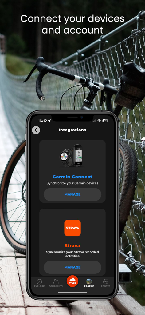 WHIP LIVE Moto, Bike, Trekking - Écran de smartphone affichant les intégrations de l'application WHIP LIVE avec Garmin Connect et Strava.
