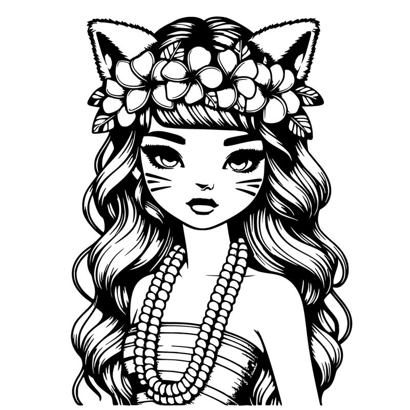 realistic hawaiian girl with haku lei,lips,long dress,cat ears and tail