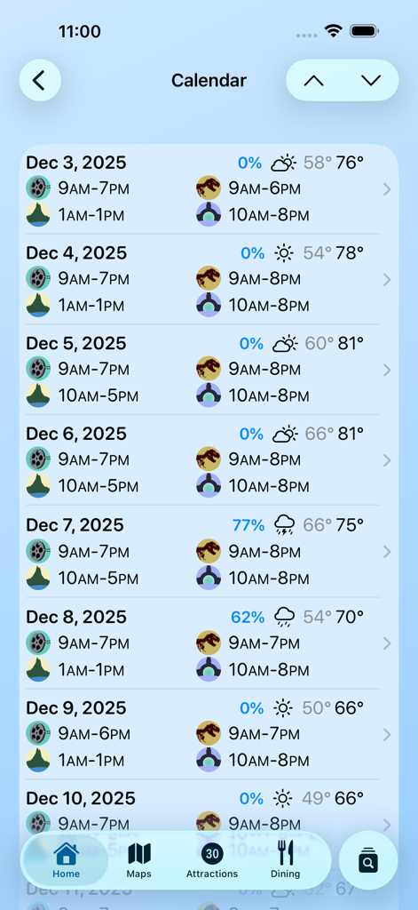 Magic Guide: Universal Orlando - Calendario de la aplicación Magic Guide que muestra las horas de apertura diarias del parque y los pronósticos meteorológicos para Universal Orlando.