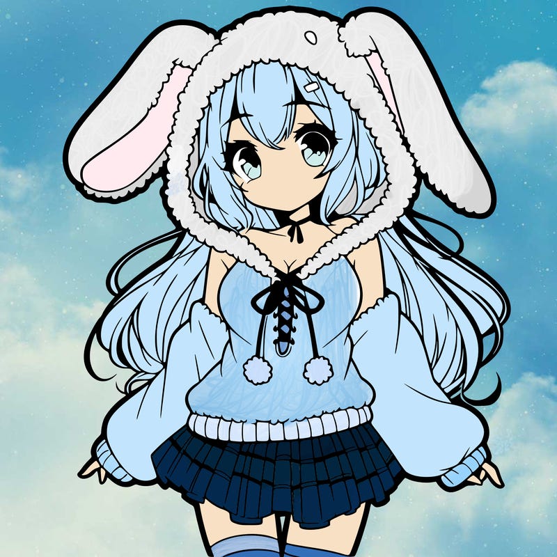 pretty anime girl wearing a fluffy hoodie with bunny ears on the hood and a skirt