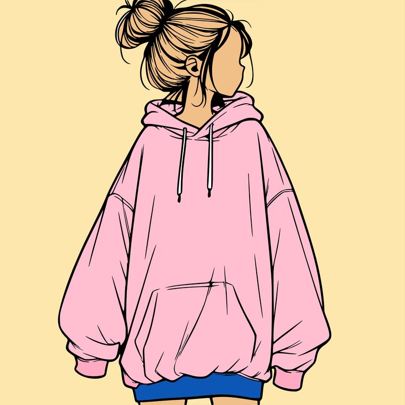 realistic girl with a oversized sweatshirt on and a bun