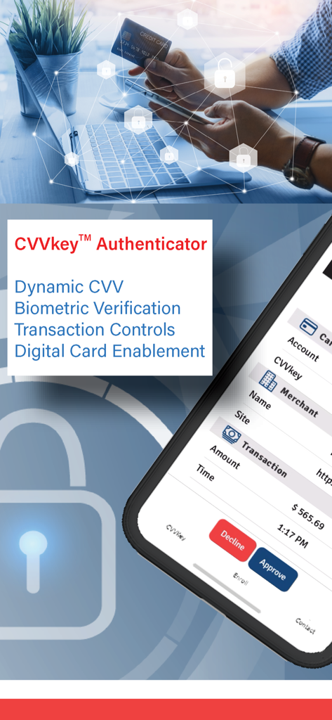 CVVkey Authenticator app display highlighting dynamic CVV and transaction security controls
