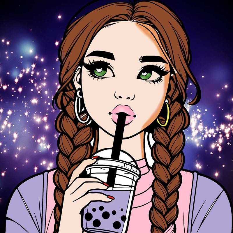 realistic girl with braided hair drinking boba