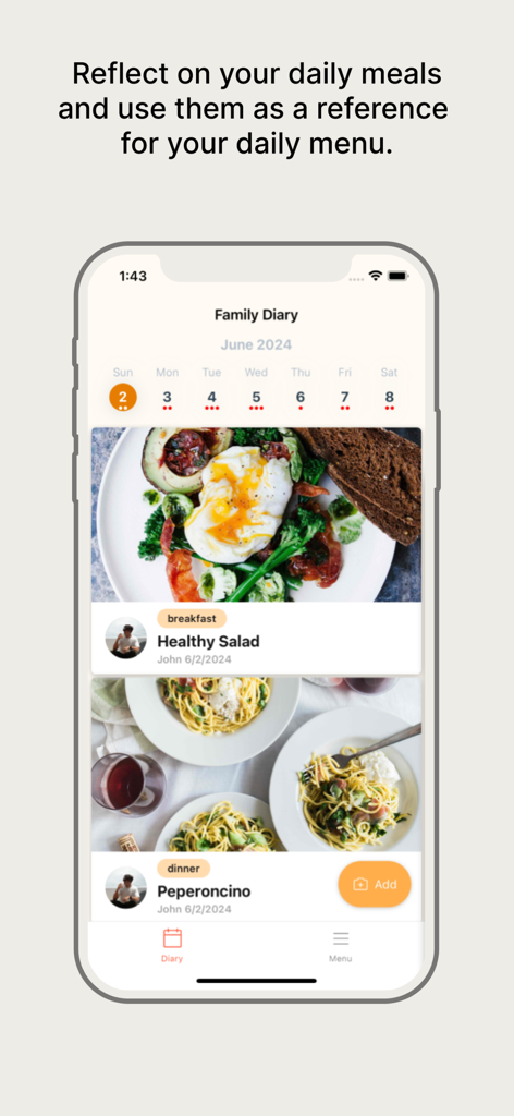 Dish Diary: Connect with Food - Dish Diaryアプリのスクリーンショット、食事の写真とカレンダー付きの家族向けフードジャーナルを表示