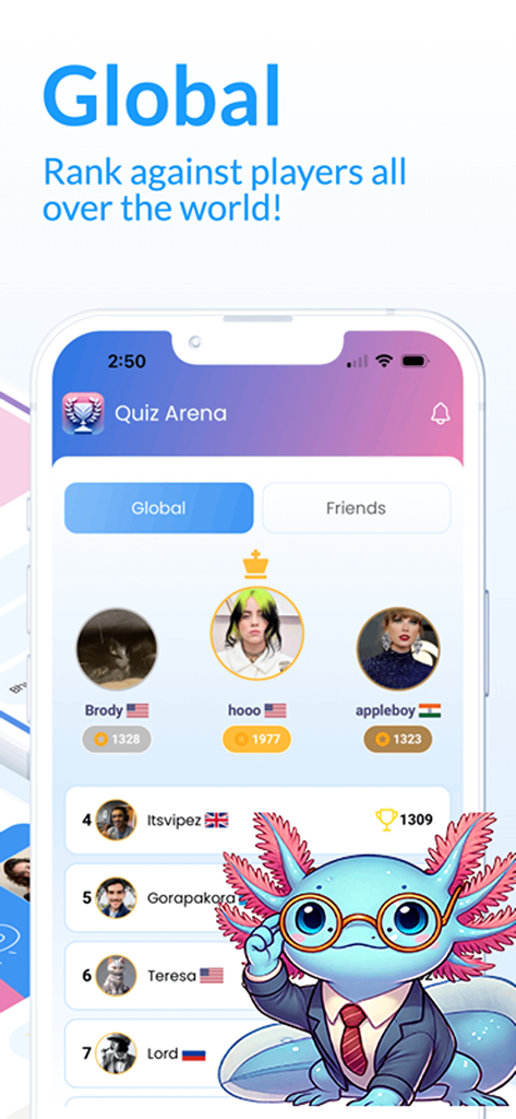 Quiz Arena - Trivia Questions - Global leaderboard screen in Quiz Arena showing top player rankings and scores with a cute axolotl mascot