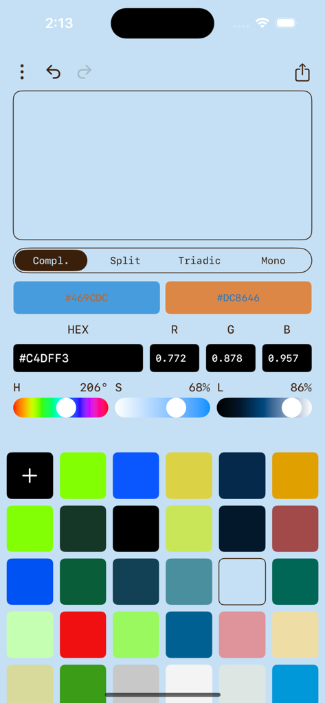 Color Picker – HEX, RGB, & HSL - Interface do aplicativo Seletor de Cores mostrando valores HEX RGB e HSL com uma grade de paleta de cores