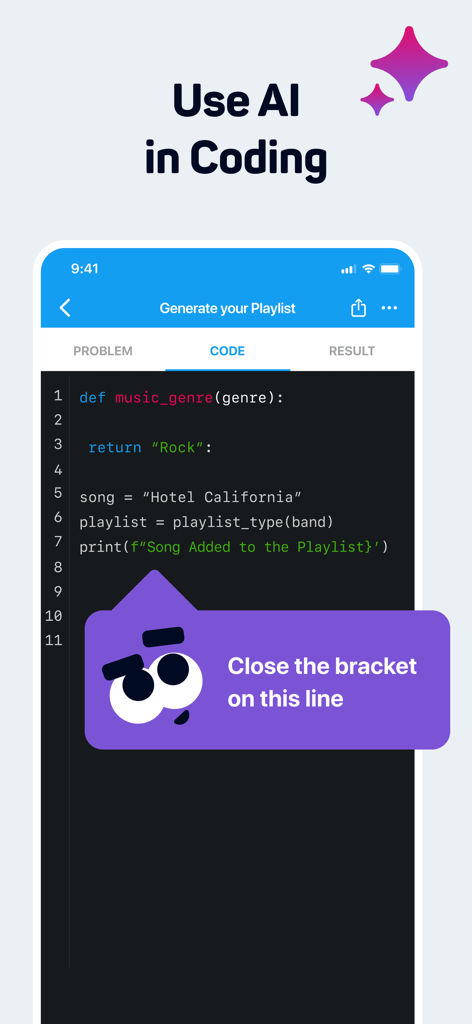 Sololearn mobile app interface showing an AI assistant character giving a real-time coding hint on a Python script.