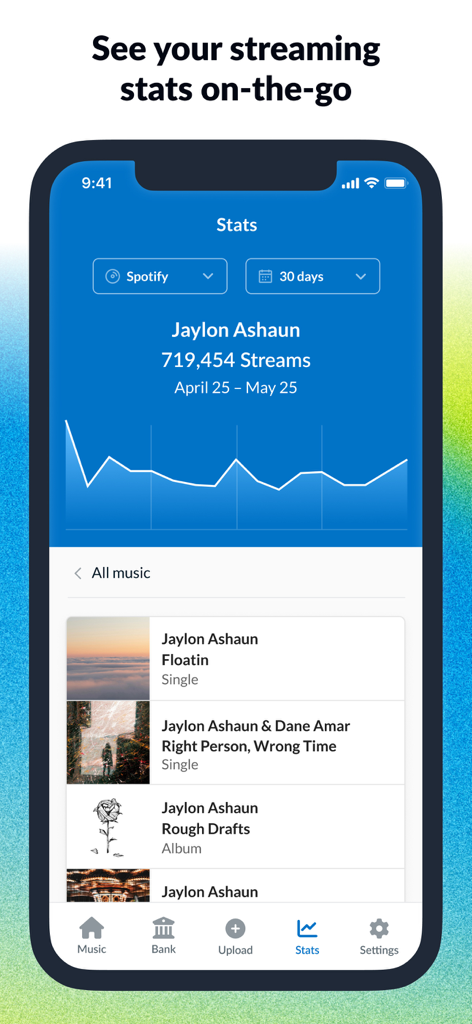 DistroKid - DistroKid mobile app dashboard showing Spotify streaming statistics and artist performance analytics