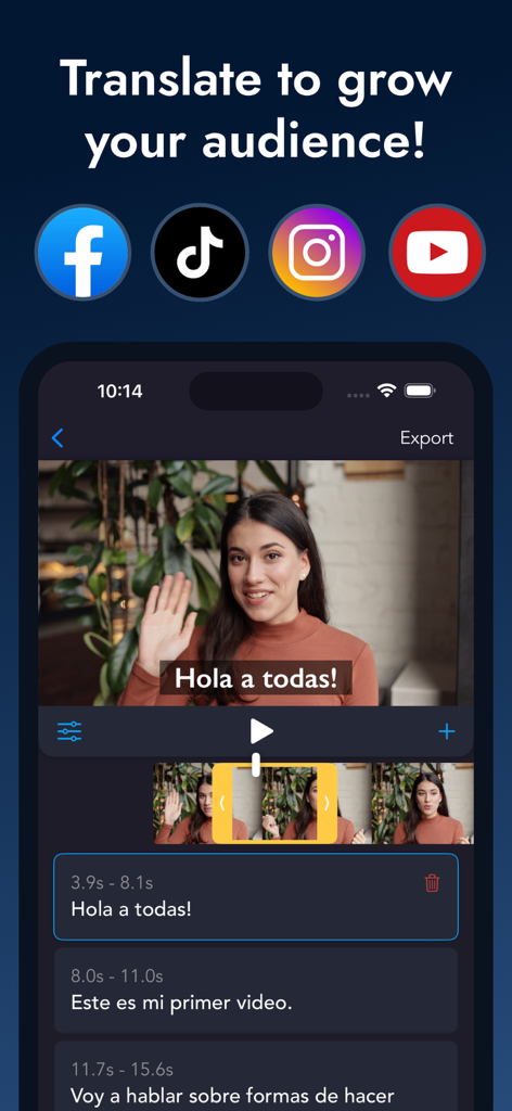 Translate Add Subtitles Video - ソーシャルメディアの成長のための動画字幕翻訳を示すモバイルアプリのインターフェース