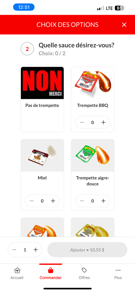 Mobile interface of Les Rotisseries Ti-Coq app showing sauce choices including BBQ and Honey.