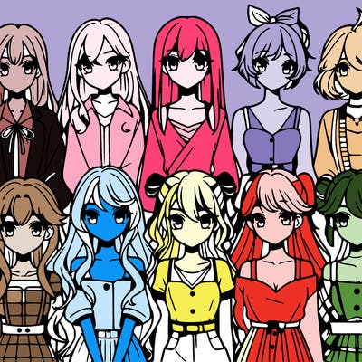 8 beautiful anime girls lined up