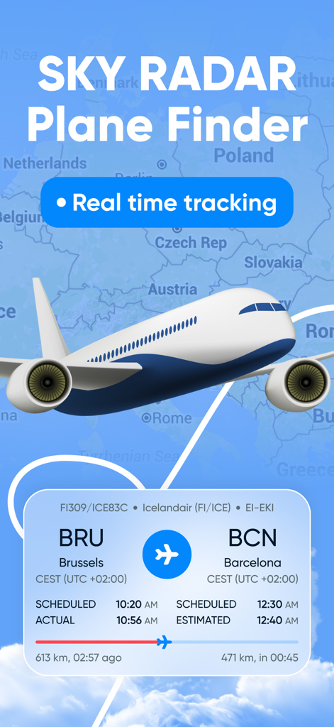 Sky Radar | Plane Finder - Sky Radar app screen showing real-time flight tracking and route details from Brussels to Barcelona