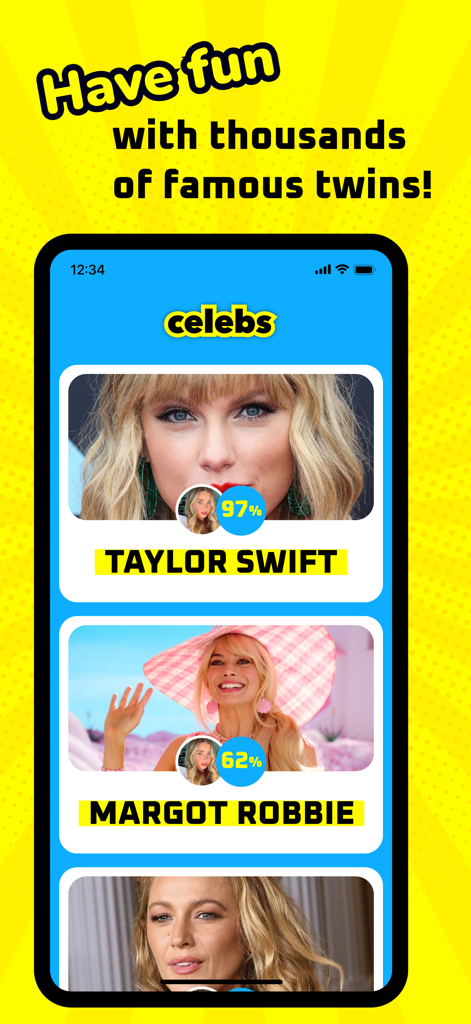 Screenshot of Celebs app showing celebrity look alike results for Taylor Swift and Margot Robbie with match percentages