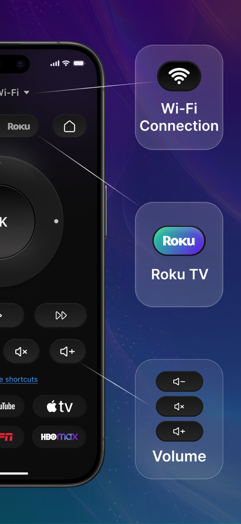 Universal Remote: All Smart TV - Universal remote app interface on a smartphone highlighting Wi-Fi connection Roku TV compatibility and volume controls