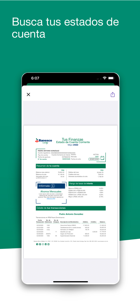 Vista del estado de cuenta bancario digital dentro de la aplicación móvil Banesco RD.