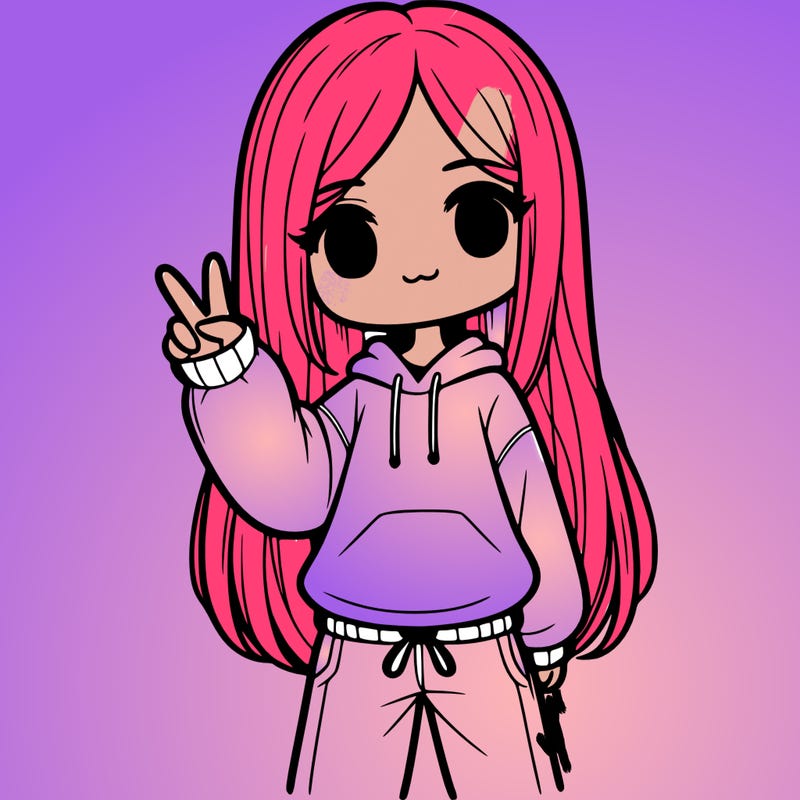 girl with straight down hair wearing a sweater and sweatpants doing the peace sign