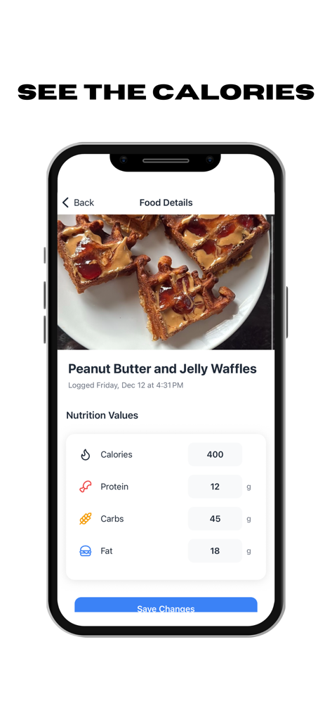 Bodify AI app screen displaying nutritional breakdown including calories and macros for a scanned meal of peanut butter and jelly waffles.