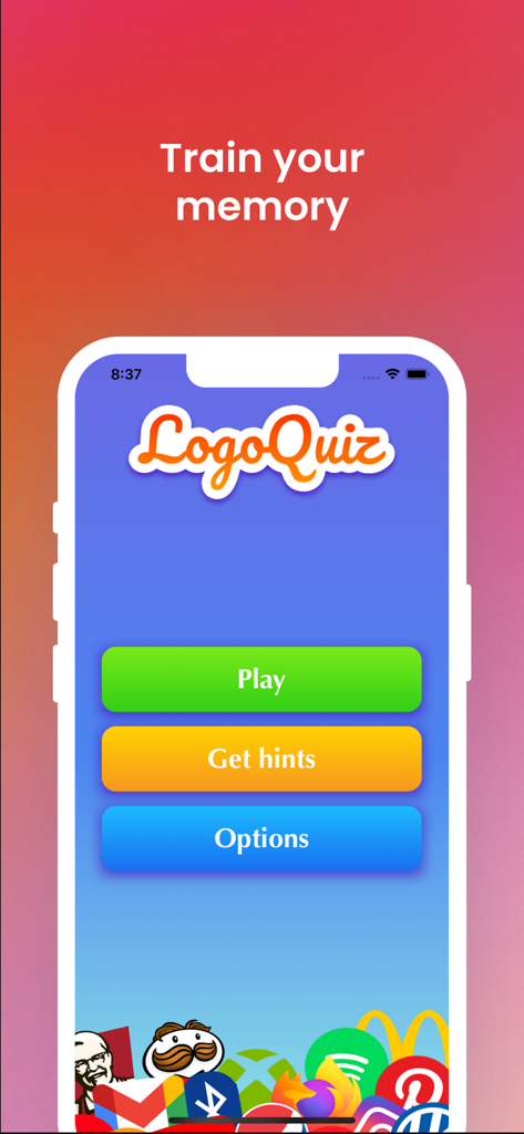 Logo Quiz - Guess This Brand! - Main menu of the Logo Quiz mobile app with buttons for Play and Get Hints and various brand logos at the bottom