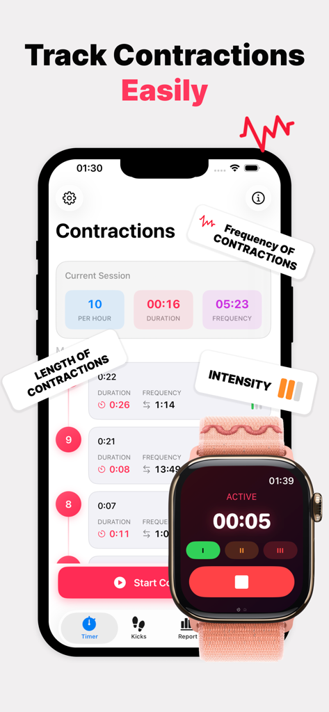 Contraction tracking interface on iPhone and Apple Watch showing frequency, duration, and intensity