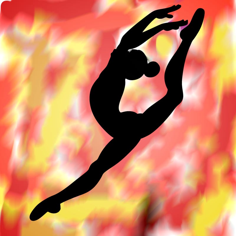 gymnast doing a leap in a leotard with a bent back leg