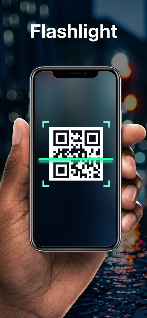 A hand holding a smartphone scanning a QR code in a low-light environment using the flashlight feature of the app.