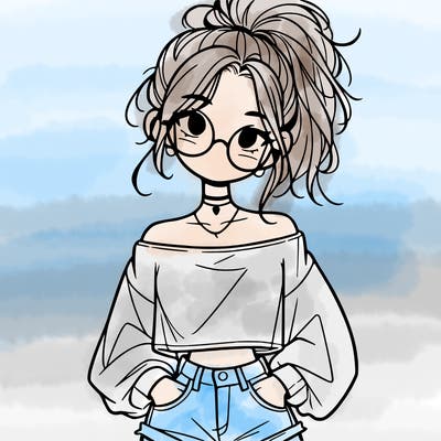 girl with a messy ponytail glasses a baggy crop top and jean shorts