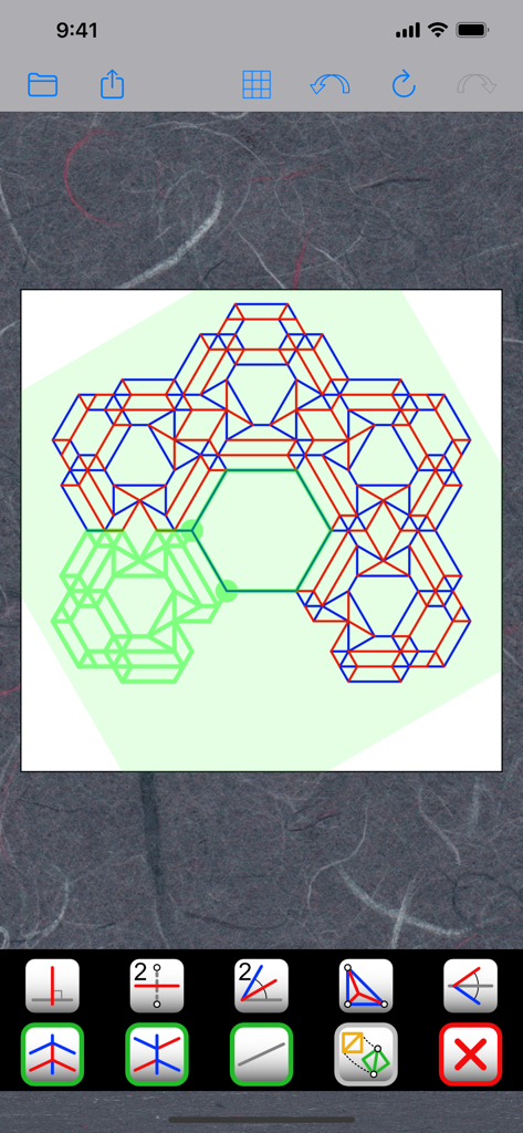 OrigamiDraw - Interfaz de la aplicación OrigamiDraw mostrando un intrincado patrón de pliegues geométricos con líneas rojas y azules