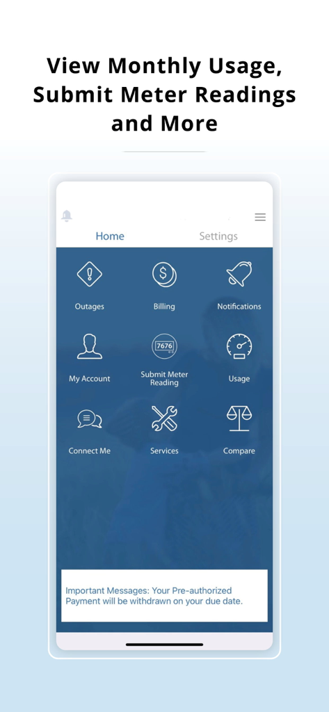 Manitoba Hydro - Manitoba Hydro app home screen showing dashboard with icons for outages, billing, notifications, and meter readings