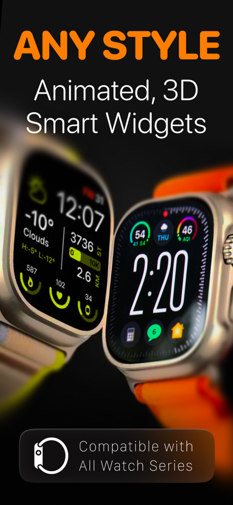 時間と健康コンプリケーションを備えたアニメーション3Dスマートウィジェットを表示する2つのApple Watch。