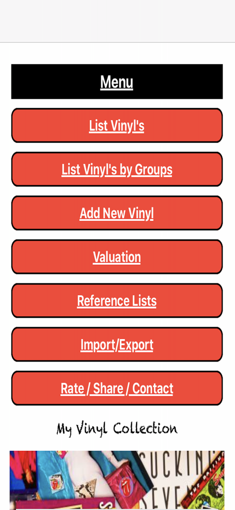 Menú principal de la aplicación Mi Colección de Vinilos con botones de navegación para listar, añadir y valorar discos.