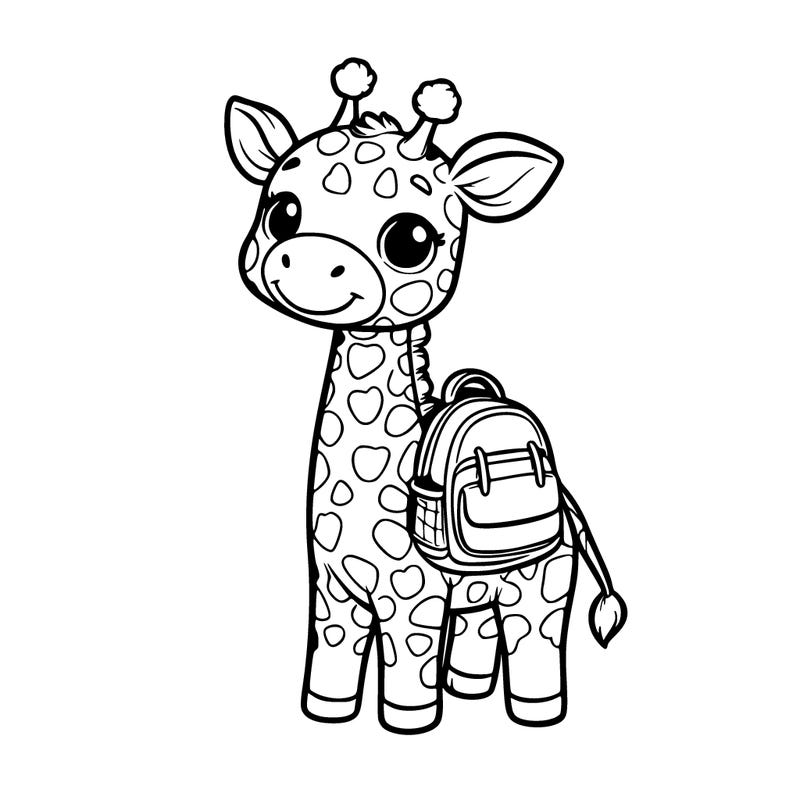 a giraffe with a schoolbag on his back