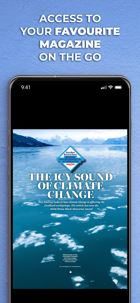 Yachting Monthly Magazine NA - Edizione digitale della rivista Yachting Monthly visualizzata sullo schermo di uno smartphone con un articolo intitolato L'eco ghiacciato del cambiamento climatico.