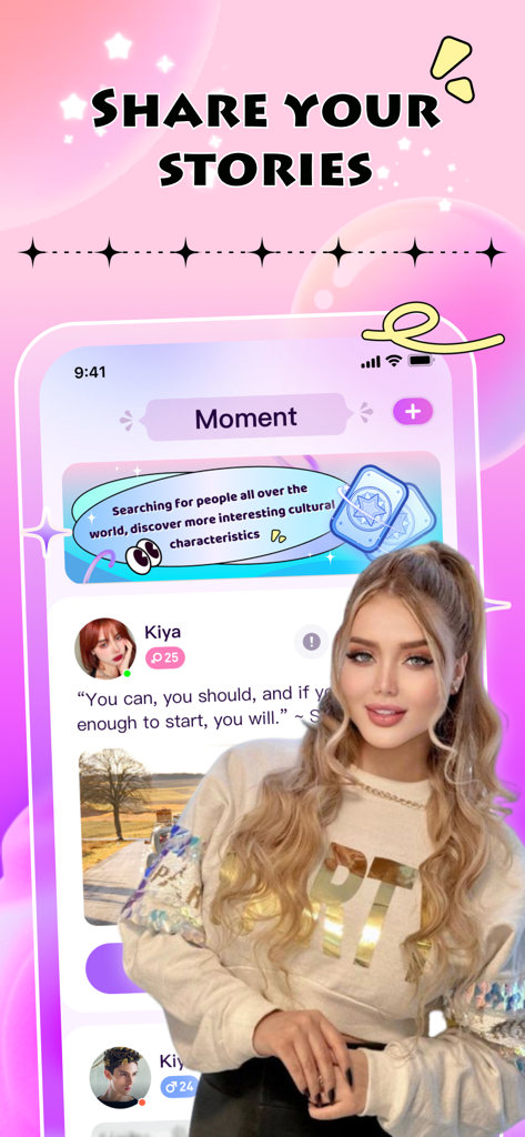 Interface of the Kiya app showing the Moment feed where users share stories and inspirational cards